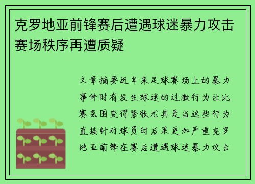 克罗地亚前锋赛后遭遇球迷暴力攻击赛场秩序再遭质疑