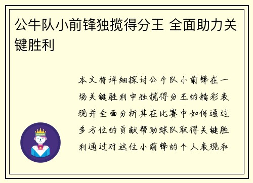公牛队小前锋独揽得分王 全面助力关键胜利
