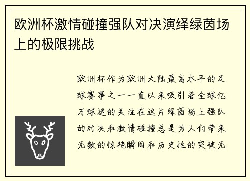 欧洲杯激情碰撞强队对决演绎绿茵场上的极限挑战