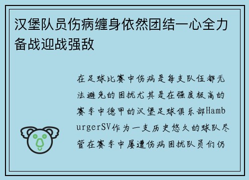 汉堡队员伤病缠身依然团结一心全力备战迎战强敌