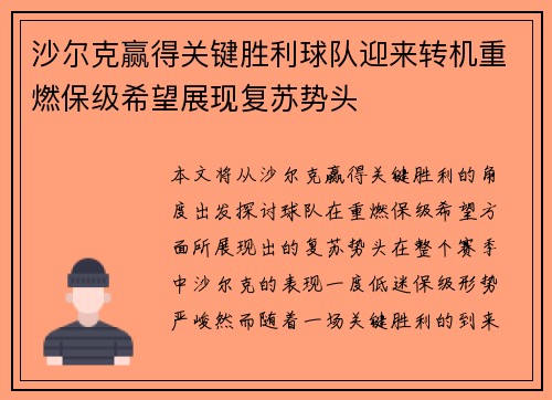 沙尔克赢得关键胜利球队迎来转机重燃保级希望展现复苏势头