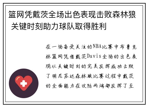 篮网凭戴茨全场出色表现击败森林狼 关键时刻助力球队取得胜利