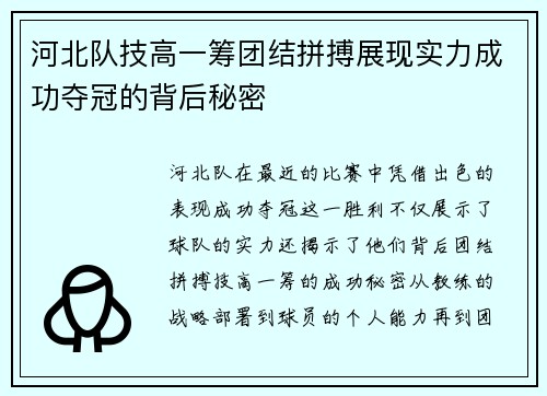 河北队技高一筹团结拼搏展现实力成功夺冠的背后秘密