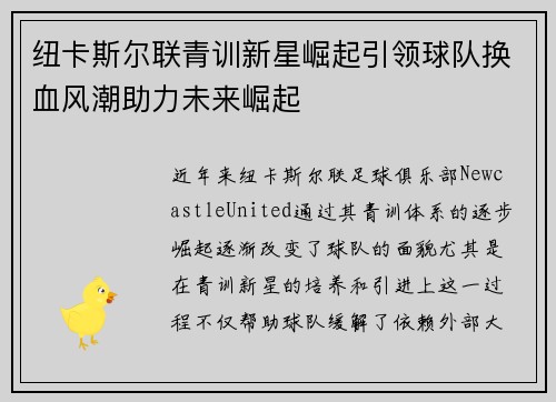 纽卡斯尔联青训新星崛起引领球队换血风潮助力未来崛起