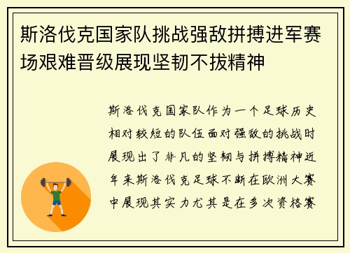 斯洛伐克国家队挑战强敌拼搏进军赛场艰难晋级展现坚韧不拔精神